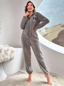 Panda & Letter Embroidery 3D Ear Design Hooded Flannel Sleep Romper, For Fall Winter - Grey - View 6