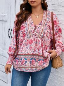 SHEIN LUNE Plus Floral Print Tie Front Lantern Sleeve Blouse - Pink - View 1
