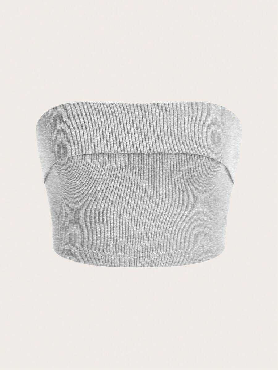 SHEIN ICON Women Strapless Solid Color Fashion Knitted Top - Light Grey - View 1