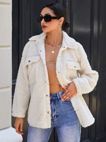 EURMUSE Flap Pocket Drop Shoulder Teddy Coat - Beige - View 1