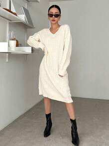 DAZY 素色落肩袖麻花編織毛衣洋裝 - 米色 - 查看 5
