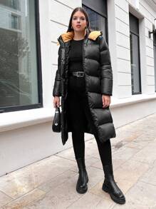 RueChic Plus Zip Up Snap Button Hooded Puffer Coat - Black - View 1