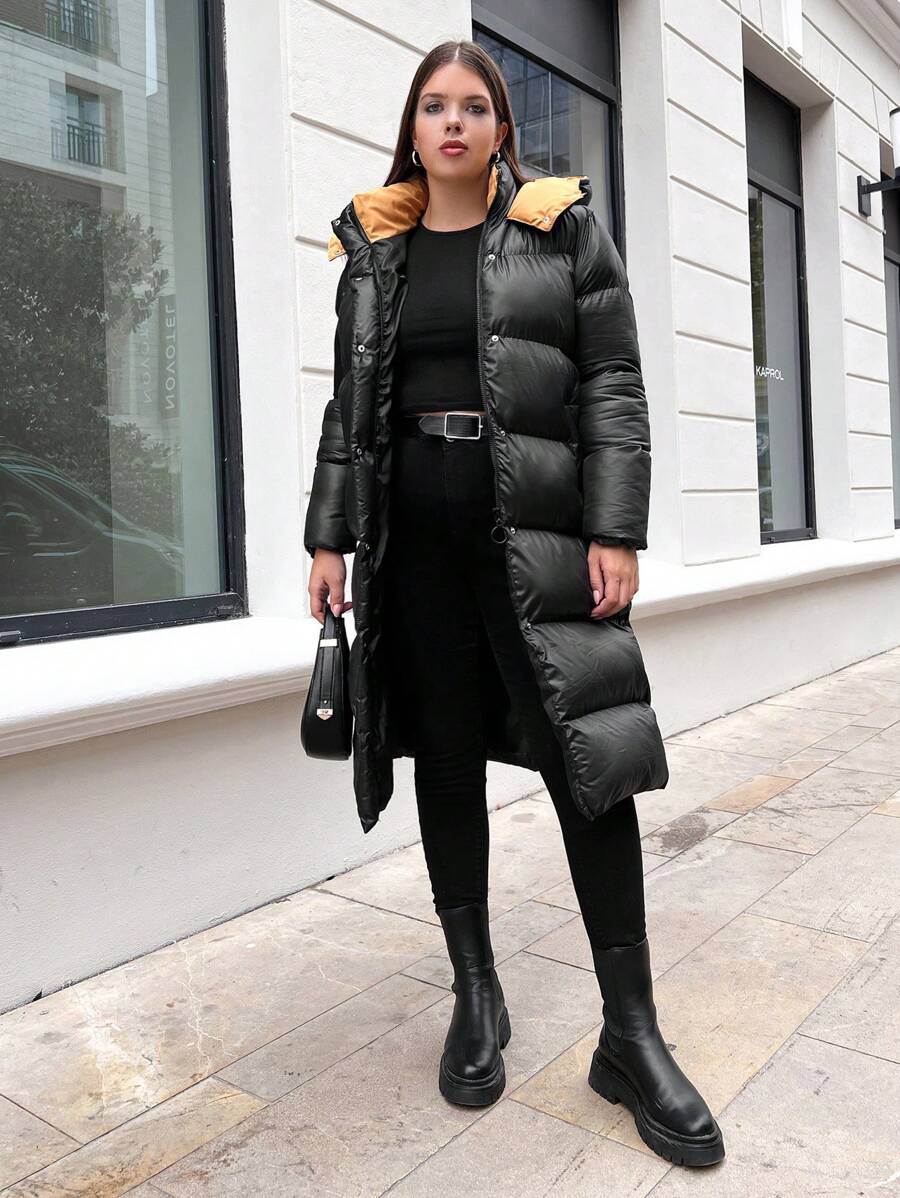 RueChic Plus Zip Up Snap Button Hooded Puffer Coat - Black - View 1