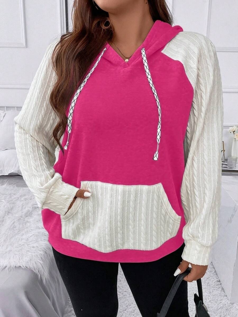 SHEIN LUNE Plus Size Two Tone Raglan Sleeve Drawstring Sweatshirt - Hot Pink - View 1
