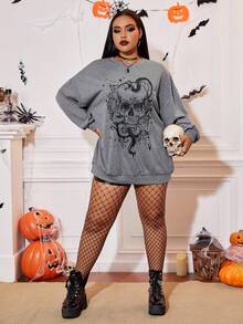 SHEIN EZwear Hơn In Đầu lâu Thả vai Áo nỉ - Màu Xám nhạt - Xem 4