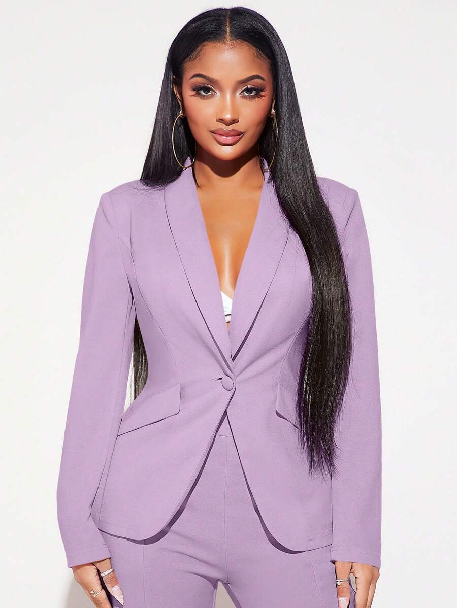 Radiana Women Fashion Solid Single Button Blazer - Lilac Purple - View 1