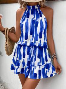 SHEIN VCAY In Bàn chải Áo hai dây & Xù Hoa Sen Quần short - Màu xanh lam - Xem 1