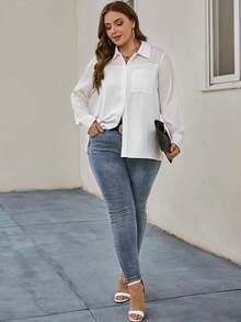 SHEIN LUNE Plus Solid Button Front Shirt - White - View 3