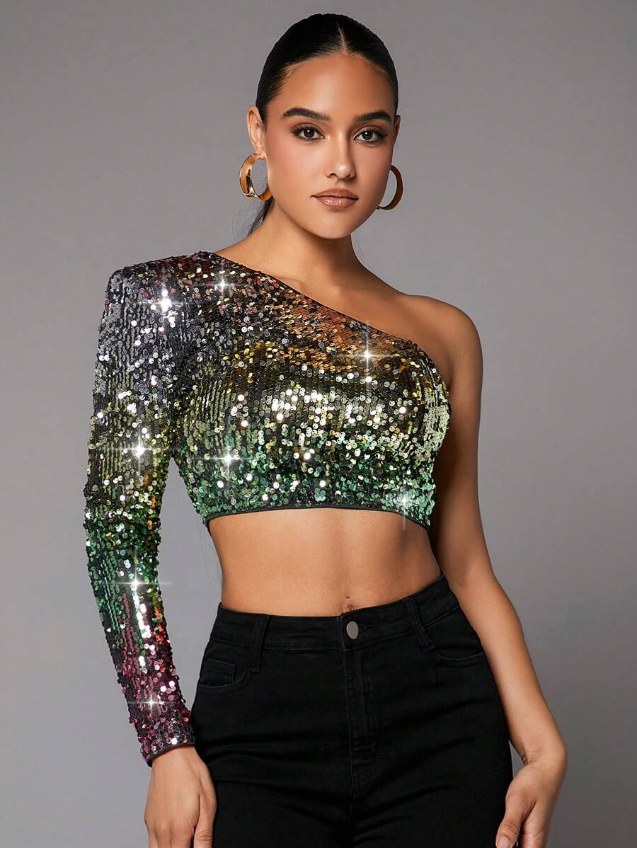 SHEIN BAE Christmas One Shoulder Sequin Crop Top - Multicolor - View 1