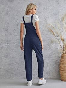 SHEIN LUNE Áo liền quần nữ viền lá sen Túi Dây kéo màu trơn Giải trí - Màu xanh hải quân - Xem 2