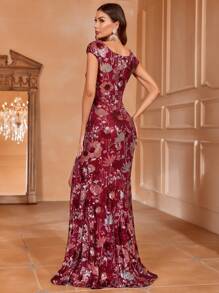 Floral Print Split Thigh Formal Dress - Burgundy - View 3