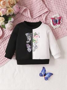 Baby Girl Butterfly Print Two Tone Sweatshirt - Black and White - View 1