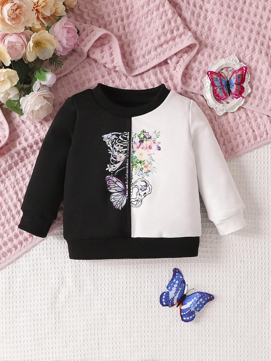 Baby Girl Butterfly Print Two Tone Sweatshirt - Black and White - View 1