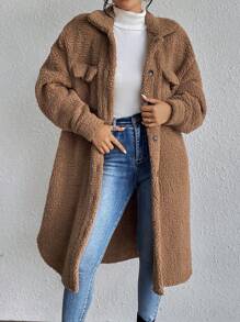 Chiquease Drop Shoulder Flap Detail Teddy Coat Fall Winter Cloth For Women