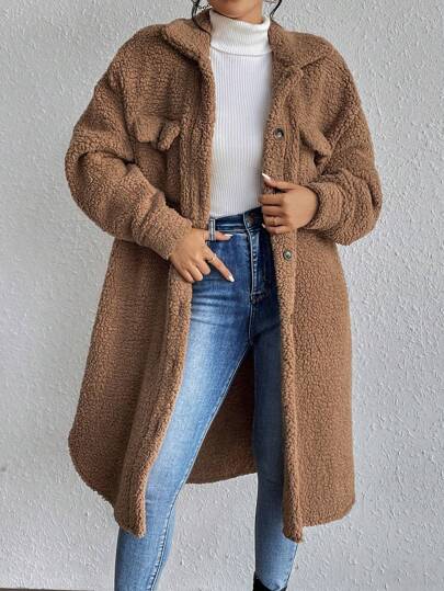 Chiquease Drop Shoulder Flap Detail Teddy Coat Fall Winter Cloth For Women