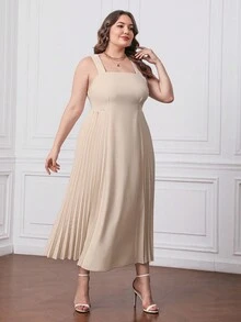 SHEIN Privé 大碼素色百褶下擺吊帶洋裝 - 杏色 - 查看 4