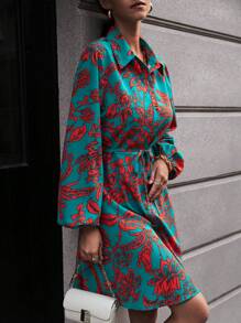 SHEIN LUNE 植物圖案燈籠袖腰帶襯衫洋裝 - 彩色 - 查看 6