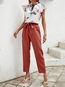 SHEIN Frenchy Floral Print Tie Neck Ruffle Trim Top & Belted Pants - Rust Brown - View 3