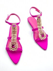 Sandalias planas de fiesta con punta puntiaguda, decoración de cadena con strass y hebilla, de licra, para mujer, elegantes, para San Valentín, primavera y verano - Rosa Fucsia - Ver 4