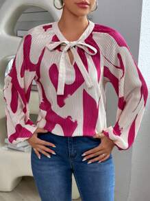 SHEIN Essnce Graphic Print Tie Neck Lantern Sleeve Blouse - Hot Pink - View 4