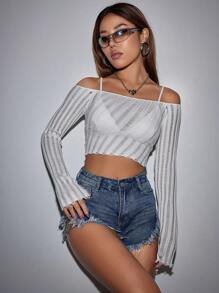 SHEIN Unity Off Shoulder Lettuce Trim Crop Sweater Without Bra Knit Pullover Fall Winter Outfit