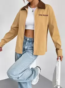 Flirla Letter Graphic Contrast Collar Drop Shoulder Zipper Front Coat Fall Cloth For Women - Khaki - View 5