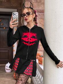 SHEIN Unity Halloween Pumpkin Pattern Zip Up Hooded Cardigan Fall Cloth For Women - Black - View 4