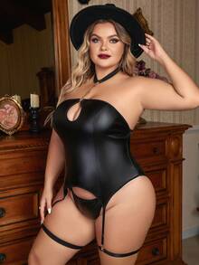 Plus PU Leather Garter Lingerie Set With Choker - Black - View 4