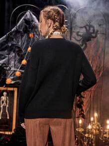 PUNK 万圣节图案落肩针织套头衫秋冬毛衣 - 黑色 - 查看 2