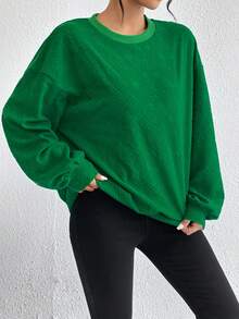 SHEIN Essnce 素色落肩袖運動衫 - 綠色 - 查看 3