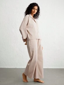 Ocili 女性襯衫領長袖衣裝和褲子休閒裝套裝 - 卡其色 - 查看 4