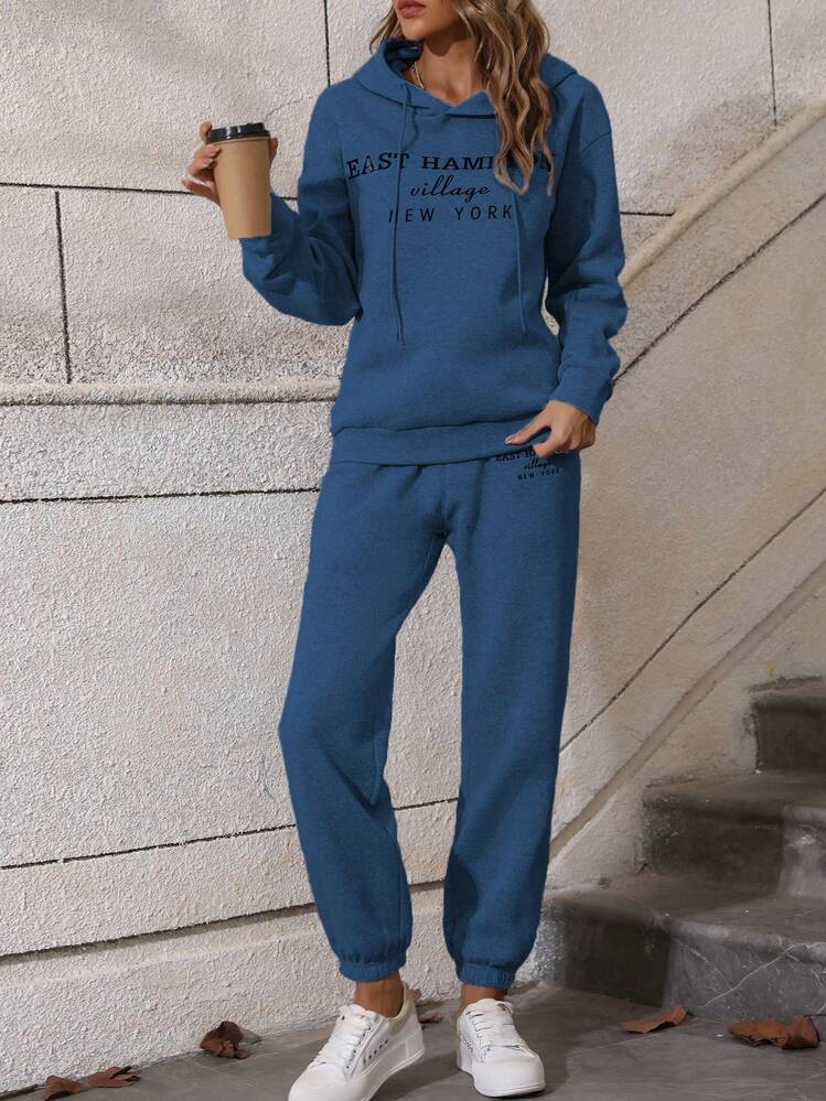SHEIN LUNE Pantalones deportivos con capucha con estampado de slogan de hombros caídos con cordón - Neblina azul - Ver 5
