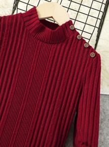 女大童小高領鈕扣細節羅紋針織洋裝 - 紅色 - 查看 4