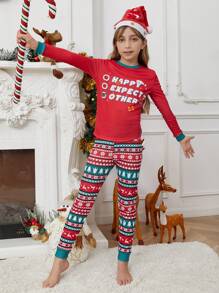 少女聖誕印花對比邊條圓領t恤＆長褲緊身睡衣套裝1件 - 紅色 - 查看 6