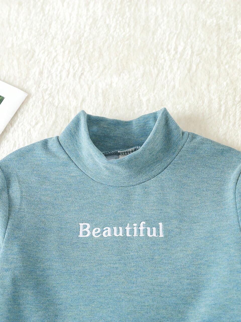 Tween Girl Letter Embroidery Mock Neck Base Tee