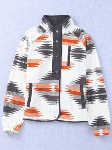 Astylish Western Wear Women Geometric Pattern Long Sleeve Snap Buttoned Zippered Pockets Fleece Jacket