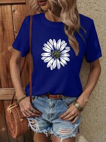 SHEIN LUNE Camiseta con estampado floral de cuello redondo - azul real - Ver 4