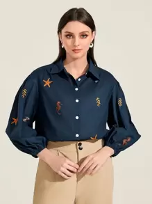 Seusyu 海星&貝殼圖案燈籠袖襯衫 - 藏蓝色 - 查看 6