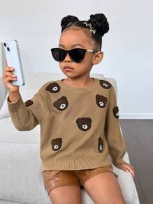 SHEIN Cô Gái Trẻ Bản vá Gấu Thả vai Áo len - Màu nâu  Mocha - Xem 1