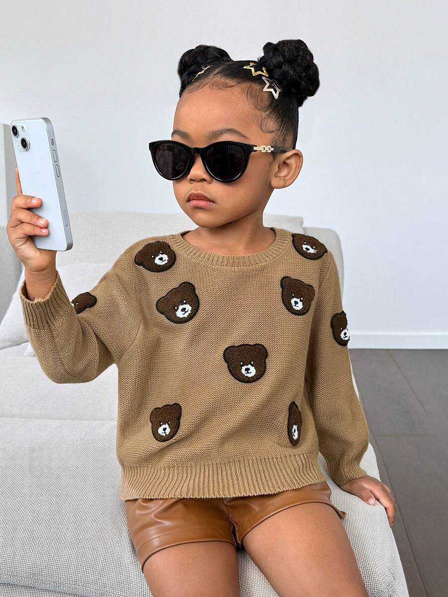 SHEIN Cô Gái Trẻ Bản vá Gấu Thả vai Áo len - Màu nâu  Mocha - Xem 1