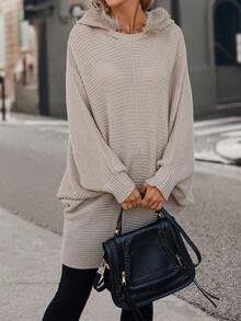 SHEIN LUNE Batwing Sleeve Fuzzy Trim Hooded Sweater - Khaki - View 3