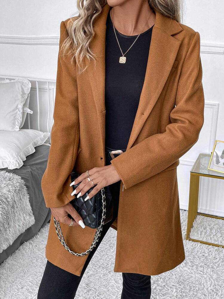 Lapel Neck Single Button Overcoat In Fall/Winter