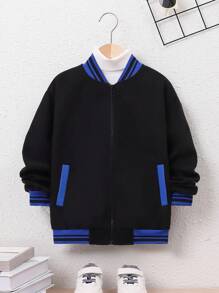 SHEIN Tween Boy Striped Trim Varsity Jacket Without Bag - Black - View 6