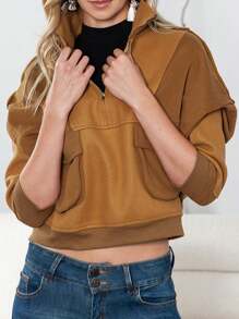 CILKOO Sudadera con bolsillo con solapa con cremallera media de hombros caídos - Marrón - Ver 1