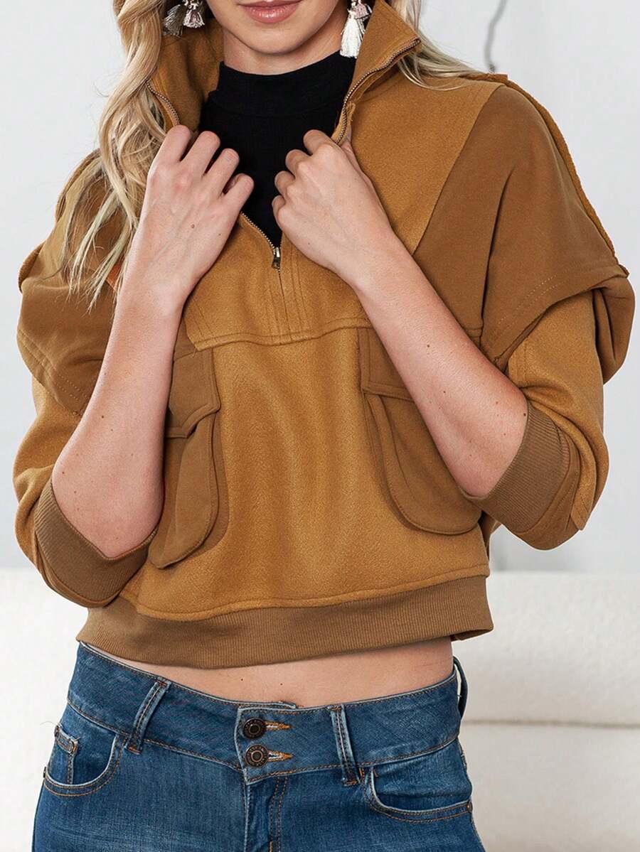 CILKOO Sudadera con bolsillo con solapa con cremallera media de hombros caídos - Marrón - Ver 1