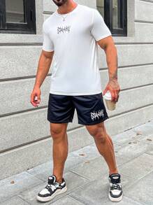 Manfinity Homme Nam Đồ họa Chữ cái Áo thun & quần đùi - Đen và trắng - Xem 5