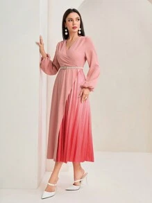 Modelyn 優雅腰帶 百褶 交叉純色女士連衣裙