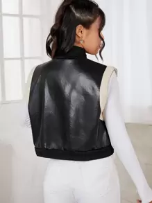 SHEIN EZwear Letter Patched Zip Up Vest Jacket - Black - View 2
