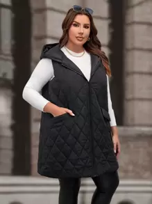SHEIN Clasi Plus Flap Pocket Hooded Pikowana Kamizelka Z Kieszeniami, Na Zimę - Czarne - Zobacz 4