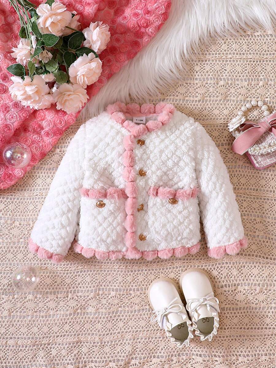 Đứa bé gái Viền tương phản Nút phía trước áo - trắng - Xem 1